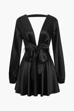 Satin Backless Belted V-neck Mini Dress