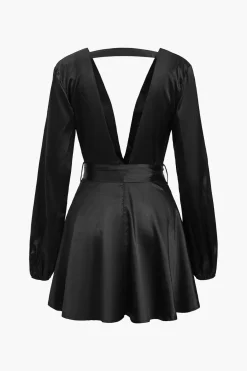 Satin Backless Belted V-neck Mini Dress