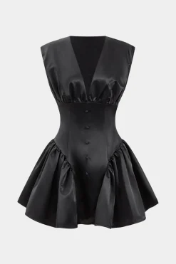 Satin Button Ruched Mini Dress