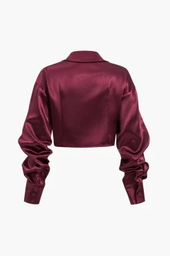Satin Button Twist Knot Long-Sleeve Shirt