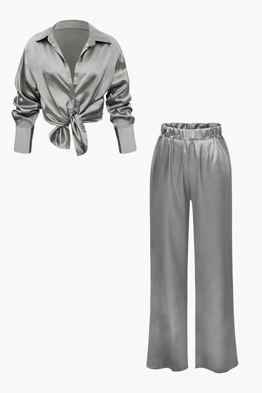 Satin Button Up Long Sleeve Shirt And Pants Set