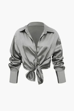 Satin Button Up Long Sleeve Shirt And Pants Set
