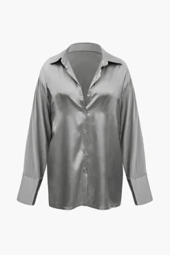 Satin Button Up Long Sleeve Shirt And Pants Set