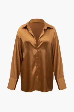 Satin Button Up Long Sleeve Shirt And Pants Set