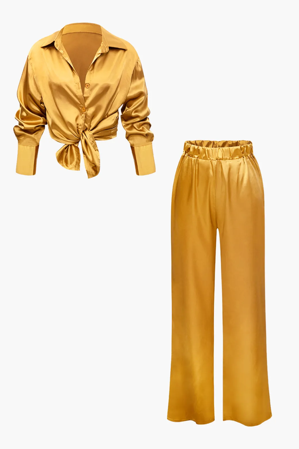 Satin Button Up Long Sleeve Shirt And Pants Set
