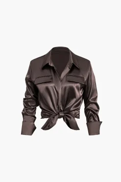 Satin Fake Pocket Long-Sleeve Shirt