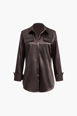 Satin Fake Pocket Long-Sleeve Shirt