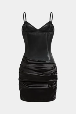Satin Faux Leather Patchwork Ruched Slip Mini Dress