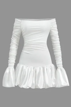 Satin Off Shoulder Puff Sleeve Patchwork Ruched Mini Dress