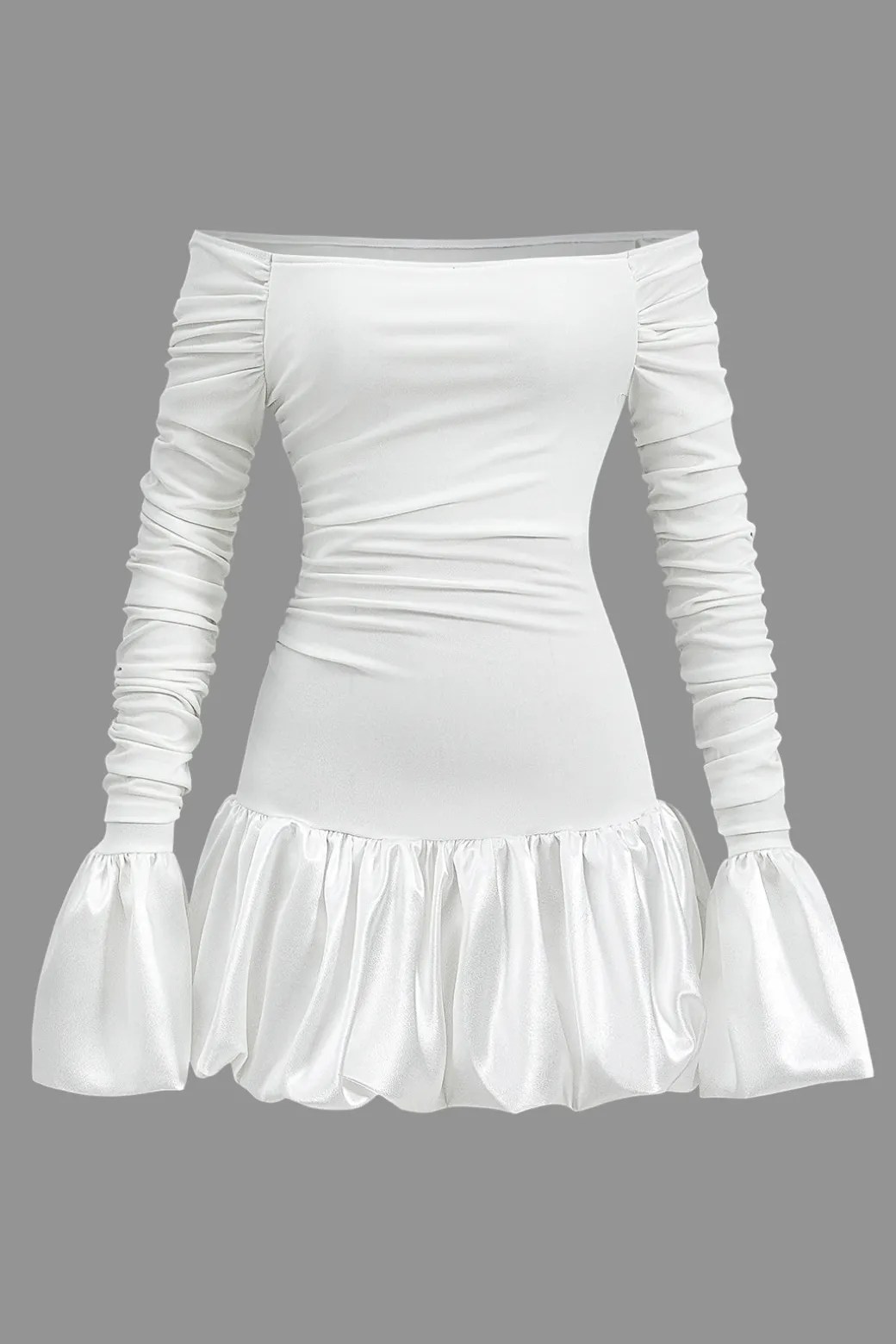 Satin Off Shoulder Puff Sleeve Patchwork Ruched Mini Dress