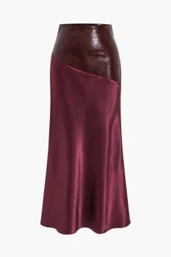 Satin Patchwork Faux Leather Asymmetrical Skirt
