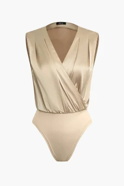 Satin V-neck Ruched Panelled Sleeveless Bodysuit