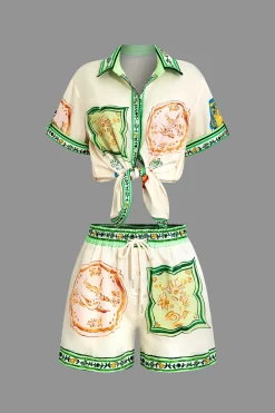 Scarf Print Tie-Front Shirt And Drawstring Shorts Set
