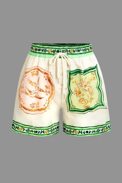 Scarf Print Tie-Front Shirt And Drawstring Shorts Set