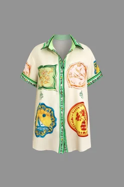Scarf Print Tie-Front Shirt And Drawstring Shorts Set