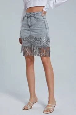 Sequin Fringe Hem Denim Skirt