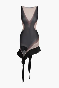 Sheer Abstract Mesh Asymmetric Mini Dress