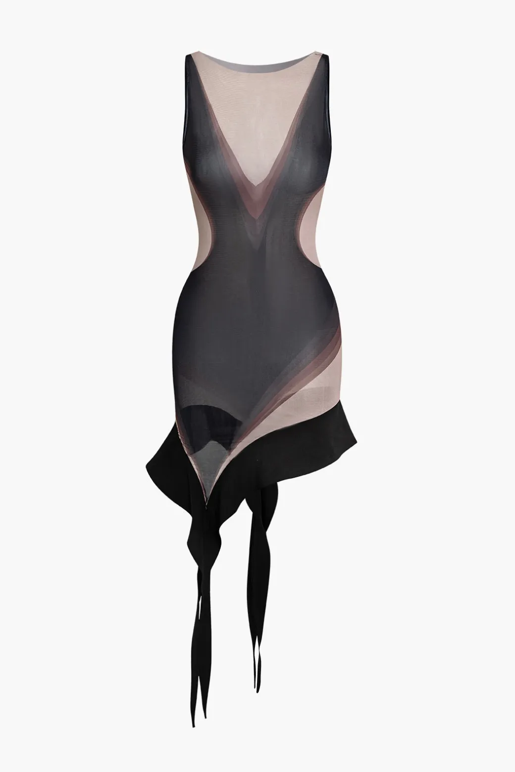 Sheer Abstract Mesh Asymmetric Mini Dress