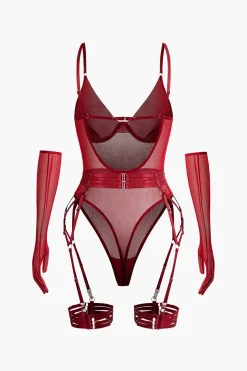 Sheer Mesh Belted Backless Bodysuit With Glove