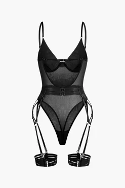 Sheer Mesh Belted Backless Bodysuit With Glove