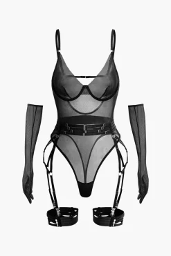 Sheer Mesh Belted Backless Bodysuit With Glove