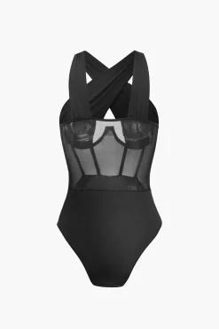 Sheer Mesh Patchwork Corset Bodysuit