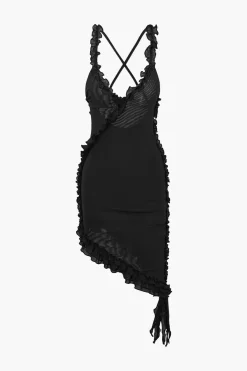Sheer Mesh Ruffle Trim Asymmetrical Cross Backless Mini Dress