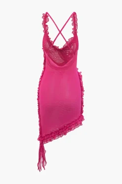 Sheer Mesh Ruffle Trim Asymmetrical Cross Backless Mini Dress