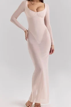 Sheer Mesh Square Neck Long Sleeve Maxi Dress