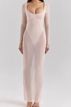 Sheer Mesh Square Neck Long Sleeve Maxi Dress