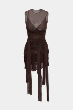 Sheer Mesh Wrap Tie Ribbon Mini Dress