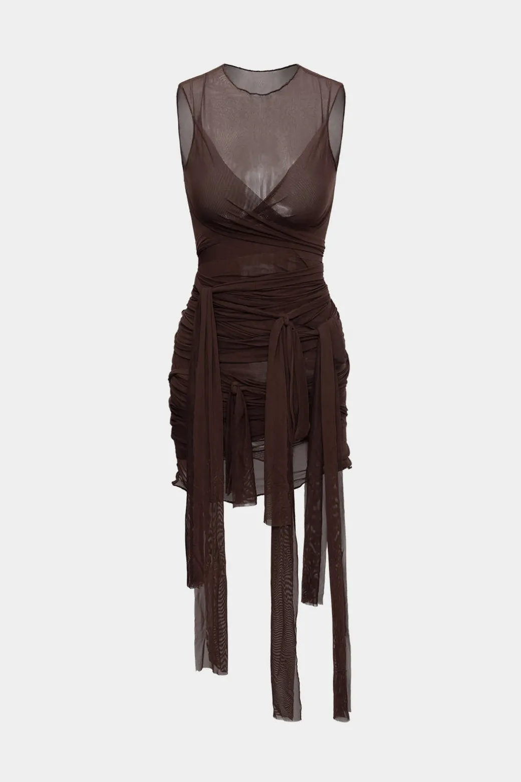 Sheer Mesh Wrap Tie Ribbon Mini Dress