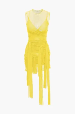 Sheer Mesh Wrap Tie Ribbon Mini Dress
