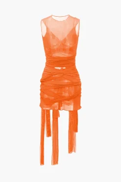 Sheer Mesh Wrap Tie Ribbon Mini Dress