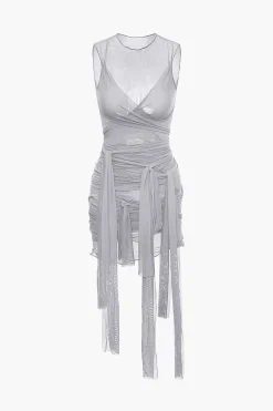 Sheer Mesh Wrap Tie Ribbon Mini Dress