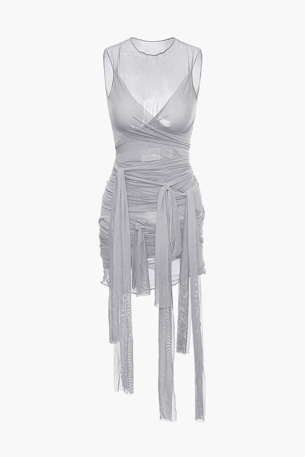 Sheer Mesh Wrap Tie Ribbon Mini Dress