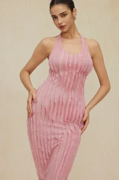 Sheer Ruffle Texture Halter Backless Maxi Dress