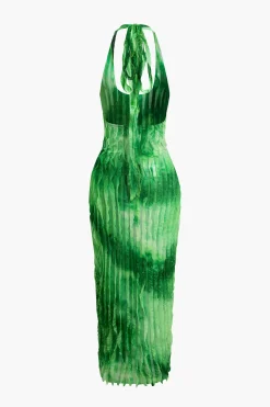 Sheer Ruffle Texture Halter Backless Maxi Dress