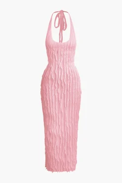 Sheer Ruffle Texture Halter Backless Maxi Dress