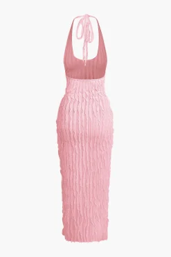 Sheer Ruffle Texture Halter Backless Maxi Dress