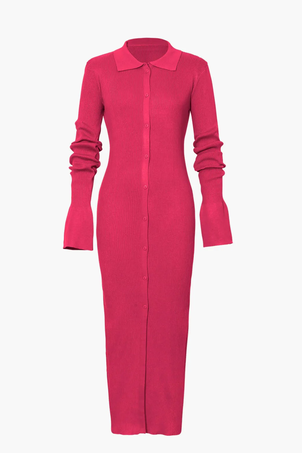 Shell Sleeve Ribbed Buttons Down Maxi Dress