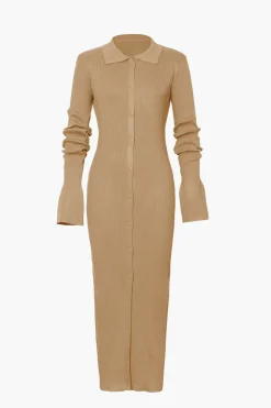 Shell Sleeve Ribbed Buttons Down Maxi Dress