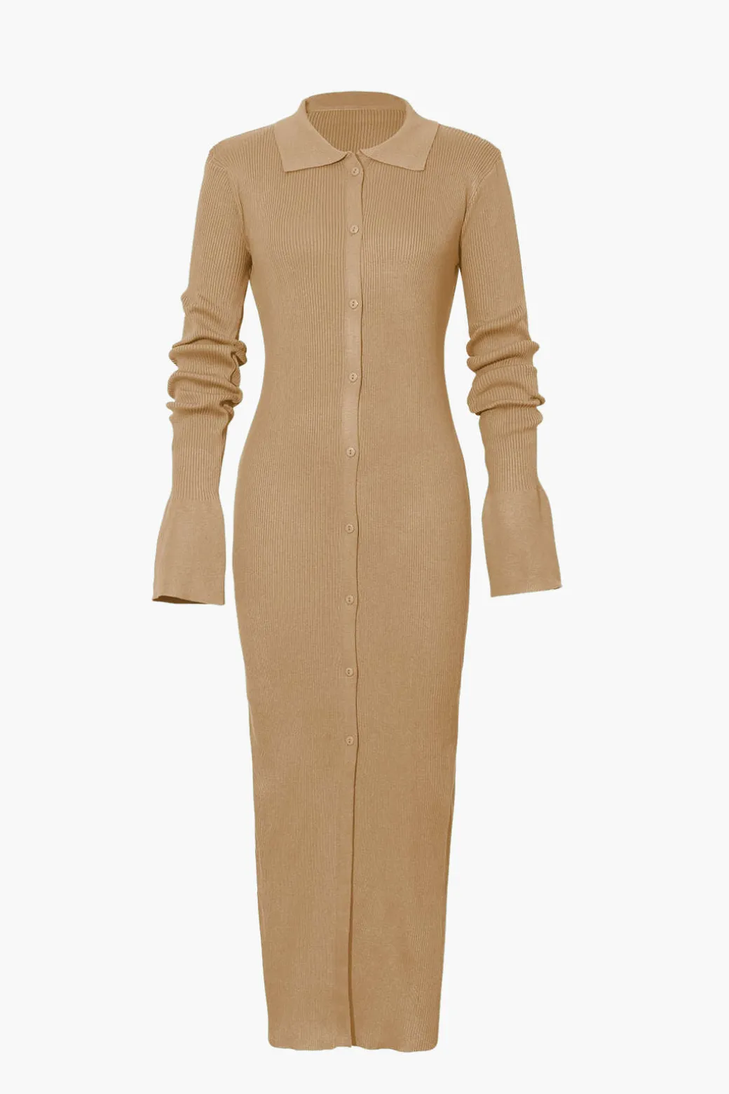 Shell Sleeve Ribbed Buttons Down Maxi Dress