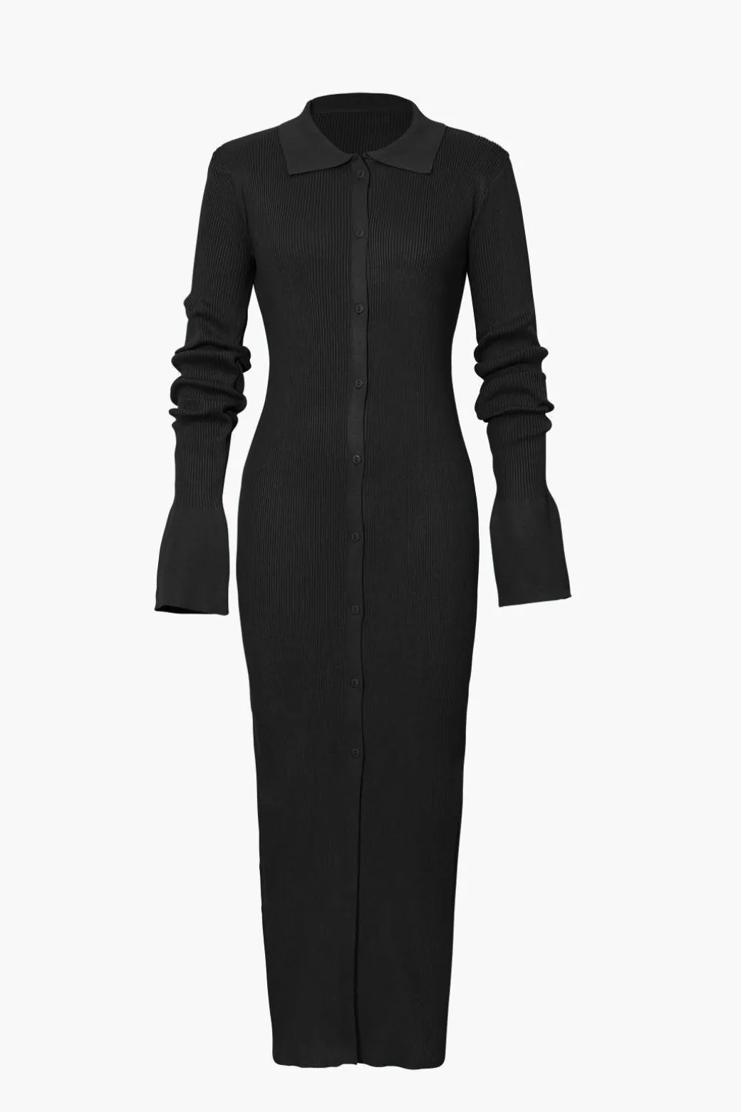 Shell Sleeve Ribbed Buttons Down Maxi Dress