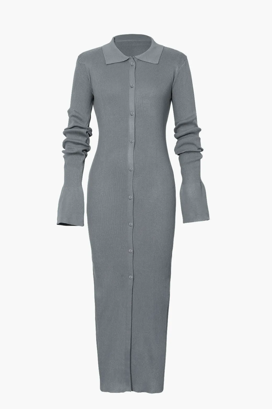 Shell Sleeve Ribbed Buttons Down Maxi Dress