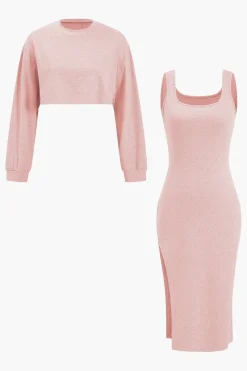 Side Slit Long Sleeve Midi Dress Set