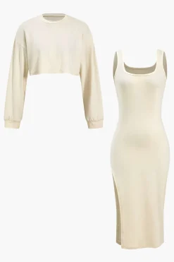 Side Slit Long Sleeve Midi Dress Set