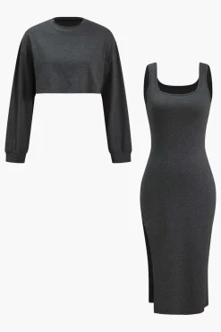 Side Slit Long Sleeve Midi Dress Set