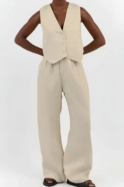 Sleeveless Button Vest And Wide Leg Pants Set