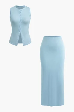Sleeveless Cardigan And Skirt Set